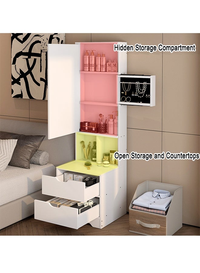 Multifunctional 2-in-1 Long Dresser with Dressing Mirror, Space-Saving Bedroom Locker Nightstand with Double Drawers and Hidden Compartments and Jewelry Storage Box, Suitable for Bedroom and Living Room - Image 5